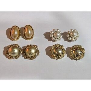 Lot of 4 Vintage Faux Pearl Gold Tone Clip On Costume Earrings